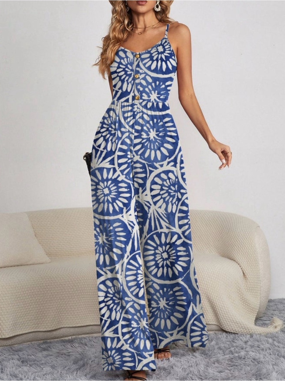 NWOT Boutique brand, “Fam Fam” Blue and White Printed Spaghetti-Strap Jumpsuit